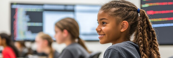 High school students participating in a group coding challenge, focused on large screens displaying code in a modern classroom
