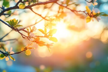 Sunlight filtering through a branch of spring blossoms, casting a warm glow and soft shadows, symbolizing vibrancy and growth, in early morning serenity.