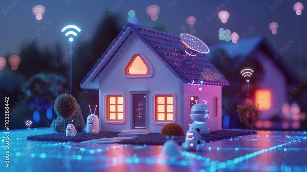 Poster a 3d render of a modern smart home surrounded by glowing wi-fi signals and digital elements, illustr