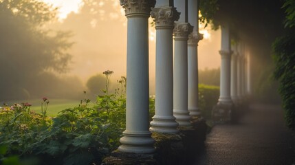 Serene Morning Fog on Garden Path with Elegant Columns and Lush Greenery