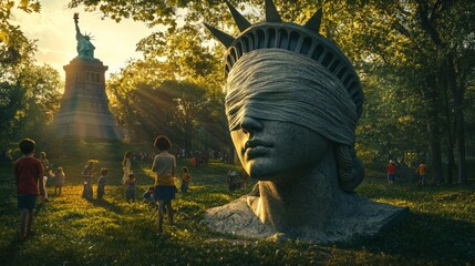 Blindfolded Statue of Liberty in a Green Park Setting with People