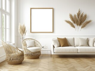 Sunlit modern interior mockup with tropical greenery and wood