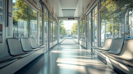 An empty modern tram interior with minimalistic design, featuring rows of seats and large windows showcasing a street view
