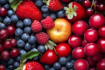 Obraz premium A close-up view of an assortment of vibrant red and blue fruits, including strawberries and blueberries, illustrating a colorful and fresh presentation of natural produce.
