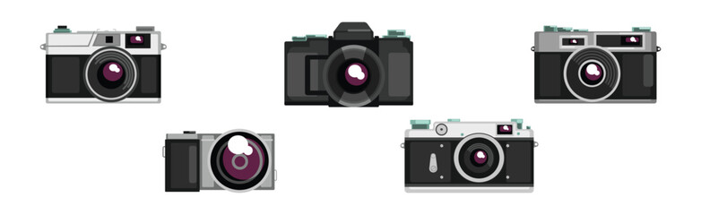 Photo Camera Object with Lens for Filming and Shooting Picture Vector Set