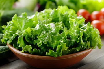 A close-up image of crisp green lettuce leaves piled high in a wooden bowl, perfect for creating a fresh and healthy salad with a touch of rustic charm.