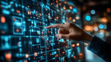Close-up of a teacher's hand pointing at a math equation displayed on a digital screen with a blue and white background