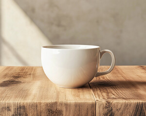 Minimalistic ultra-realistic white cup mockup showcasing a serene coffee moment, placed on a rustic wooden table with soft natural light illumination. Generative AI