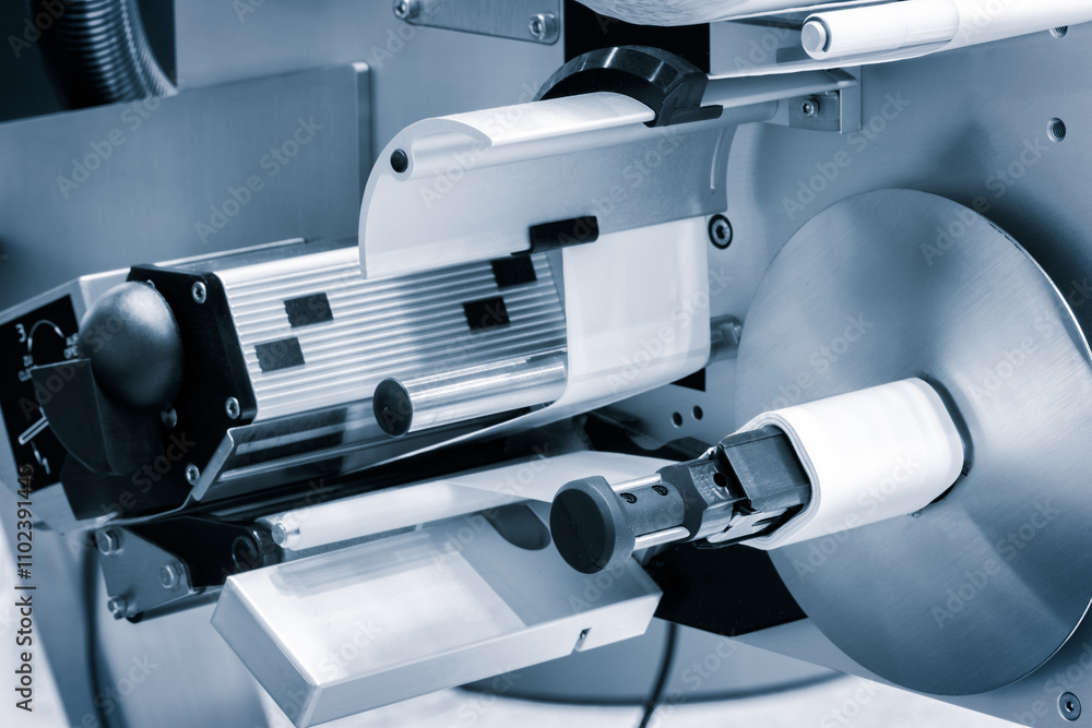 Poster fragment of the conveyor of sticking labeling machine. abstract industrial background.