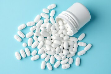 White Pills Spilled. Medicine Capsules from Bottle on Blue Background. Health Concept with Copy Space
