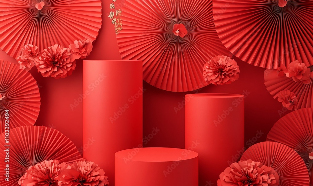 Poster chinese new year concept with red podiums on red paper fans. clipping paths included for each elemen