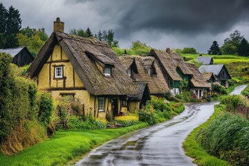 Charming thatched-roof cottages line a winding country road, enveloped in lush greenery and a brooding sky, capturing the essence of rural English village life.