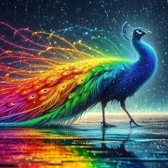 peacock with feathers in all colors of the rainbow