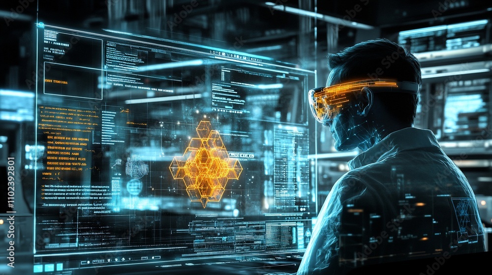 Poster scientist analyzing data on holographic displays in futuristic lab.