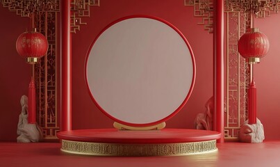 luxury pedestal stand. Studio scene background with blank tabletop. Chinese New Year