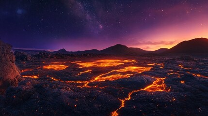 Stunning Lava Flow at Twilight with Stars Above, A Beautiful Natural Landscape Captured in Fiery Colors and Endless Skies