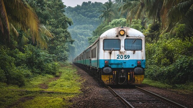 Indian train numbered 2059 traveling through lush green tropical landscape