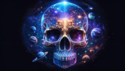 Skull with space and planets in background