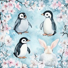 Obraz premium Collection set watercolor penguins and arctic hares surrounded by pastel snow blossoms