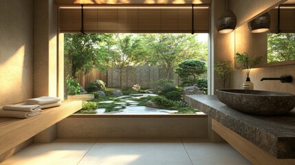 Fototapeta premium A tranquil bathroom with a sleek stone sink