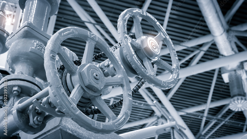 Poster A metal pipe with a white valve in the middle of it. The valve is attached to a chain and is surrounded by a white metal casing. The pipe is located in a building