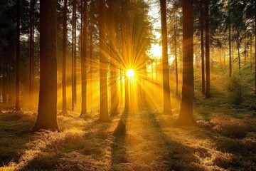 Obraz premium In a dense forest, radiant sunbeams pierce through towering trees, spreading warmth and light across the forest floor, inspiring a sense of wonder and awe in nature.