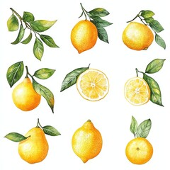 Obraz premium Collection set watercolor soft pastel lemons, oranges, and summer fruits with leaves