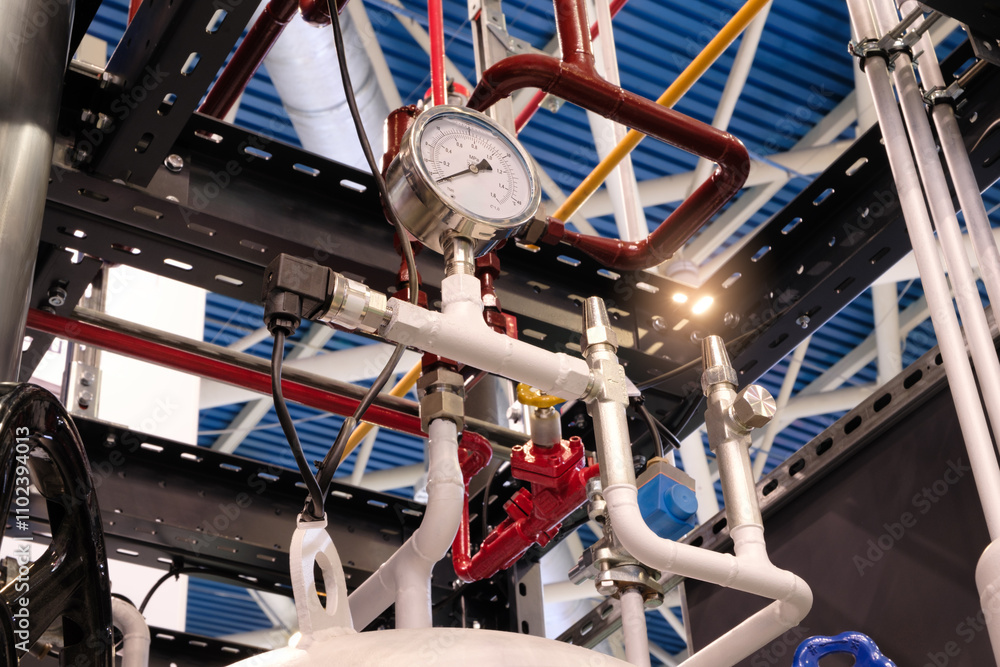 Poster part of a large industrial system with pipes, valves, measuring sensors and high pressure gauges. in