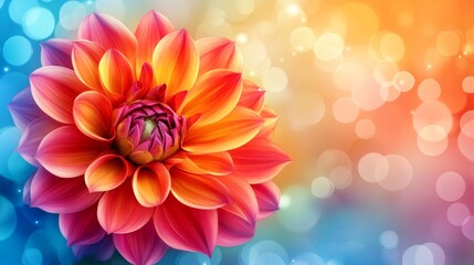 Obraz premium Close-up of a Vibrant Pink, Orange and Yellow Dahlia Flower with Dreamy Pastel Bokeh Background
