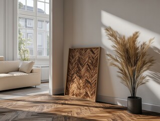 Rustic interior design mockup with potted tropical plant