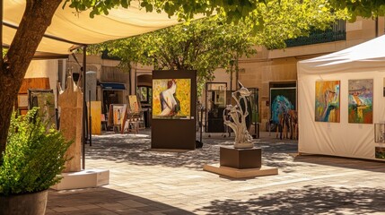 Outdoor art exhibition showcasing diverse paintings and sculptures under a shaded area.  A female figure is prominently featured in one artwork.
