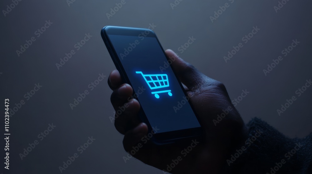 Poster hand holding a smartphone with a bright shopping cart icon displayed on the screen, representing onl
