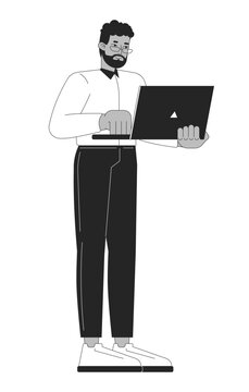recommend clip art: Business casual black man standing with laptop typing black and white 2D line character. African american businessman glasses working isolated vector outline person. Monochromatic spot illustration