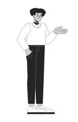 Business casual latin american man standing with hand in pocket black and white 2D line character. Hispanic male employee gesturing isolated vector outline person. Monochromatic spot illustration