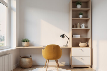 Modern Minimalist Home Office Interior with Yellow Chair and Natural Light