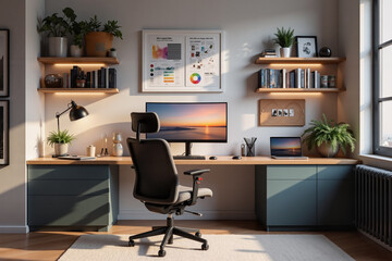 Modern Home Office Workspace with Elegant Decor and Natural Light