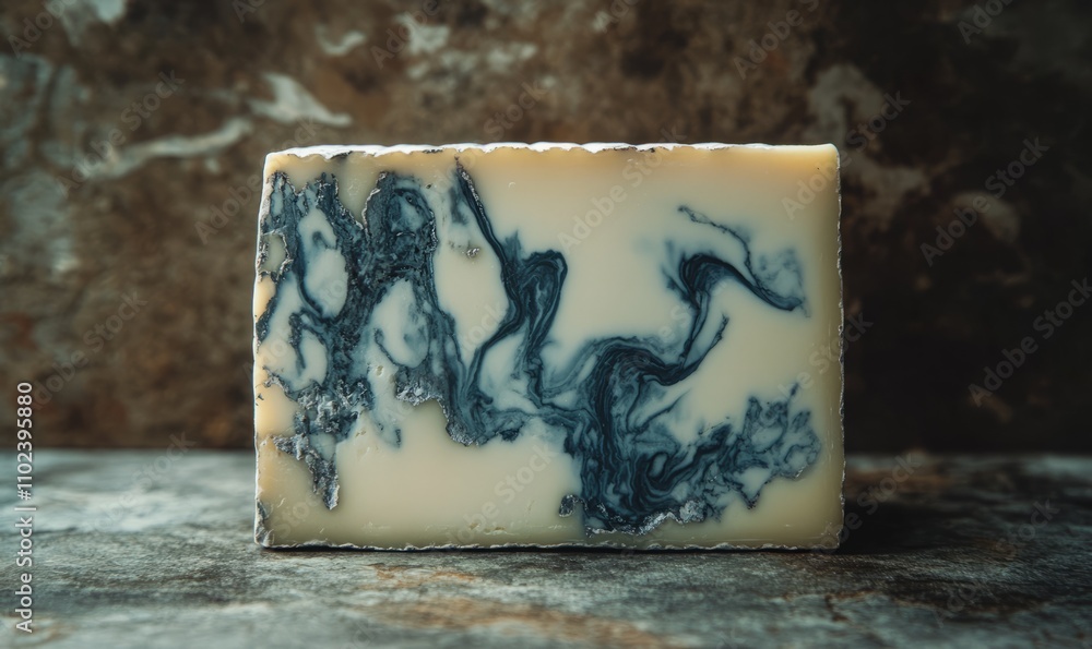 Poster a block of sharp crumbly cheese with a marbled pattern of blue s running through it revealing its ag