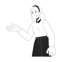 Business casual blonde woman gesturing showing black and white 2D line character. Caucasian female professional holding open palm isolated vector outline person. Monochromatic spot illustration