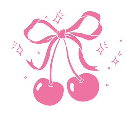 Two cherries Tied together with a decorative Ribbon Bow. Cute Valentine gift. y2k aesthetic.  Vector  illustration with Pink Coquette Cherries, stars and bow in retro style