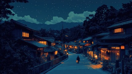 A serene night scene of a quaint village illuminated by warm lights under a starry sky.
