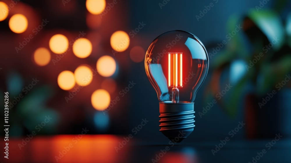 Poster glowing vintage light bulb with warm amber filament illuminated against a soft focus background of b