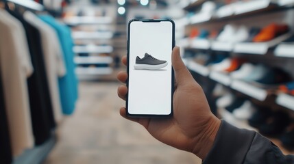 Customer shopping for shoes online on a smartphone in a retail store, blending online and offline shopping experiences