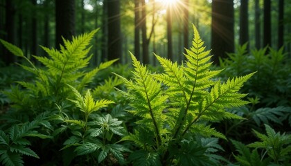 Ferns illuminated by sunlight in a lush green forest