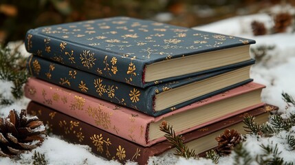Stack of decorative books in snow.