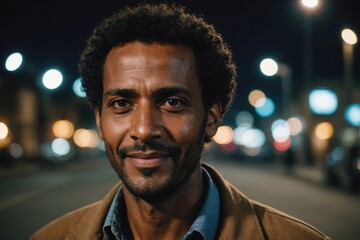 Close portrait of a smiling 40s Eritrean man looking at the camera, Eritrean city outdoors at night blurred background