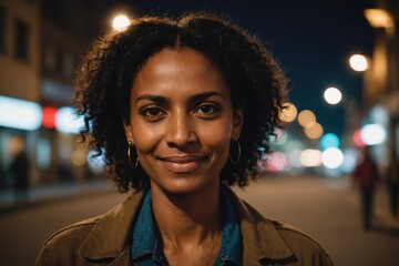 Close portrait of a smiling 40s Eritrean woman looking at the camera, Eritrean city outdoors at night blurred background