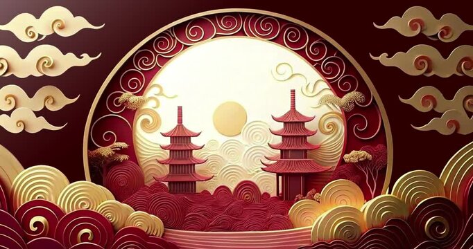 Chinese temple animation and also wave ornaments for Chinese celebrations