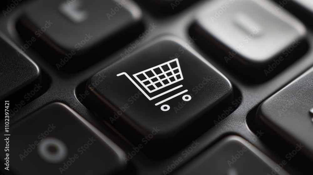 Aufkleber Shopping cart icon is displayed on a black computer keyboard key, representing the growing trend of online shopping and e commerce