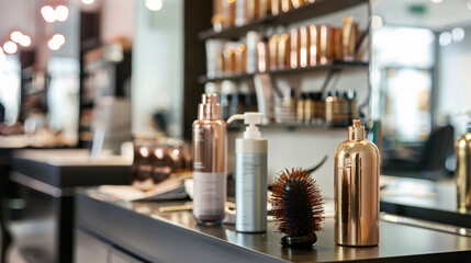 Various hairdressing tools on a table in a beauty salon.