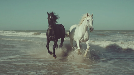 Two horses beautiful black horse and white horse running on the seashore on the island